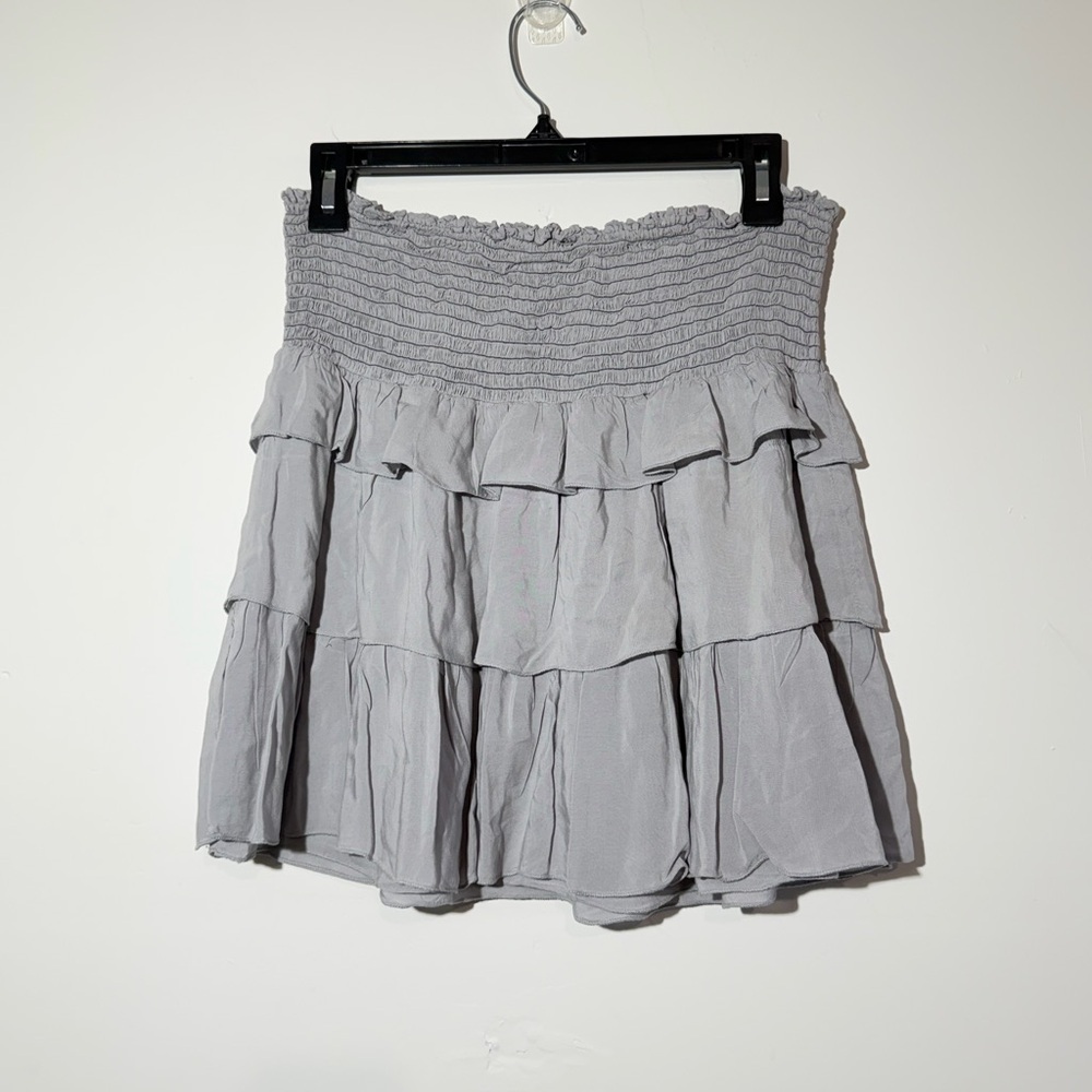 KOCH Ivy Skirt in Dusty Blue Grey Smocked Ruffle Mini Sz L Preppy Festival